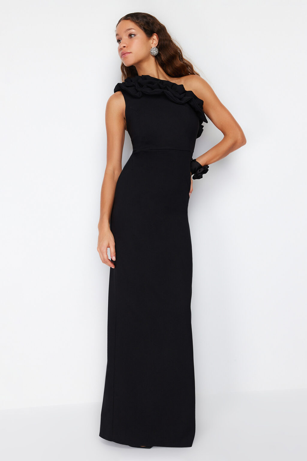 Trendyol Black Lined Flounce Woven Long Elegant Evening Dress