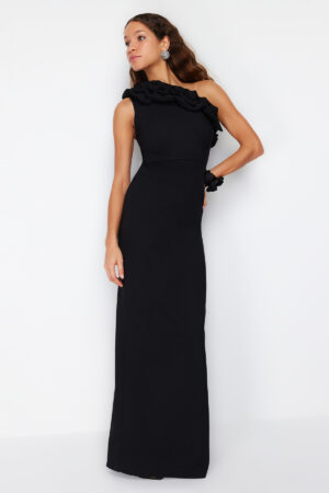 Trendyol Black Lined Flounce Woven Long Elegant Evening Dress