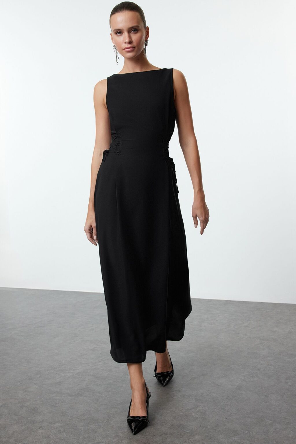Trendyol Black Matte Satin Woven Midi Dress