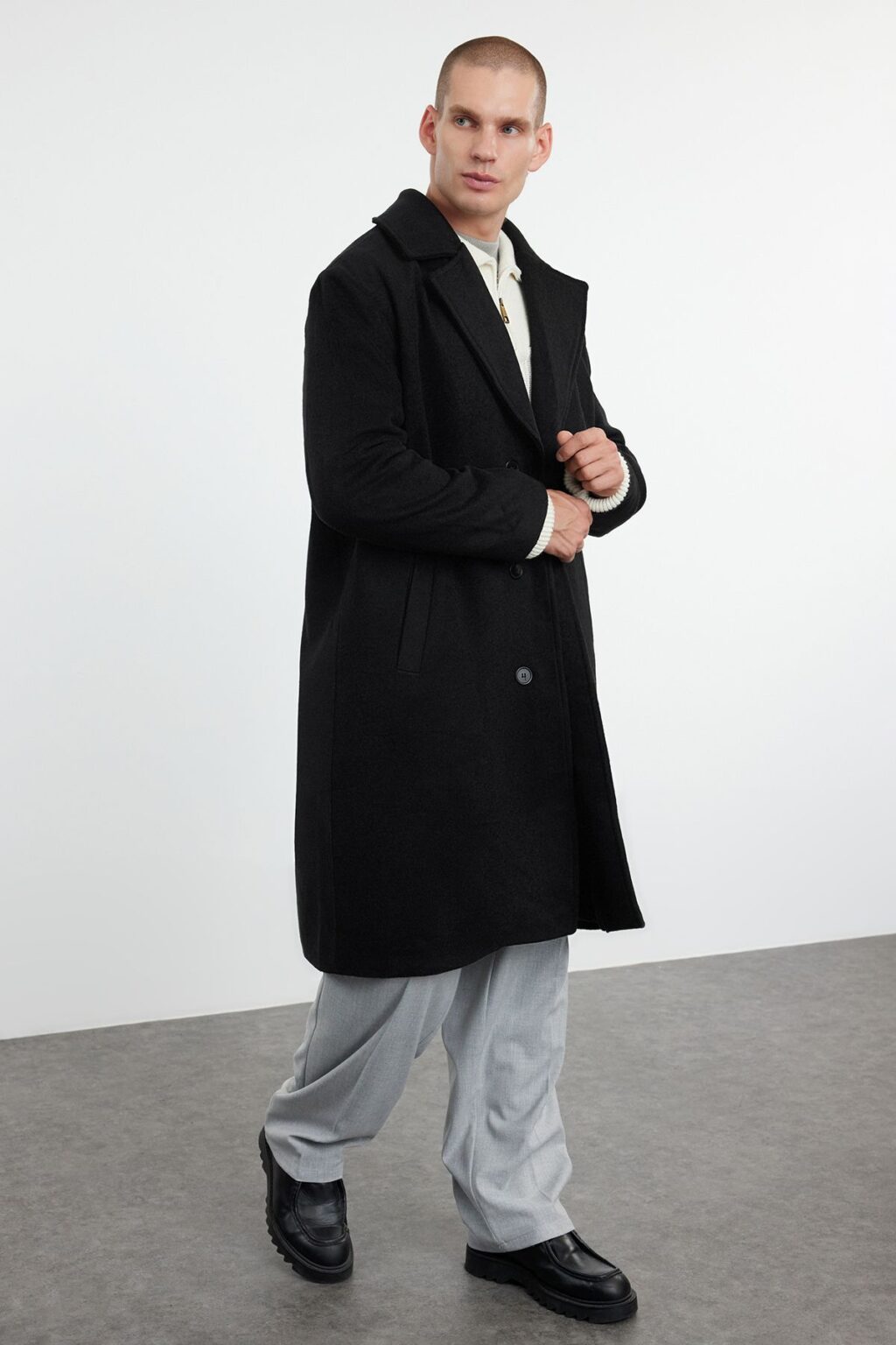 Trendyol Black Men's Oversize Fit Winter Wool Blend Winter Coat