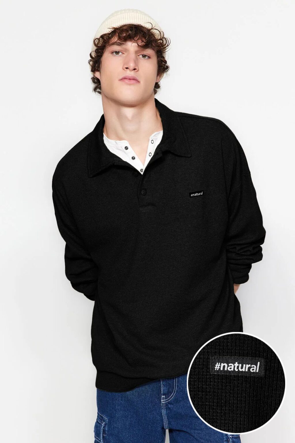 Trendyol Black Men's Oversize/Wide Cut Labeled Textured Cotton Polo Neck Sweatshirt