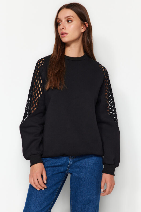 Trendyol Black Mesh részletes vastag gyapjú normál/normál szabású kötött pulóver