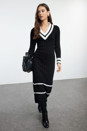 Trendyol Black Midi Knit Color Block Dress