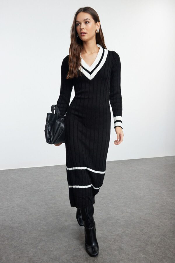 Trendyol Black Midi Knit Color Block Dress