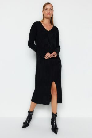Trendyol Black Midi kötöttáru V nyakú ruha