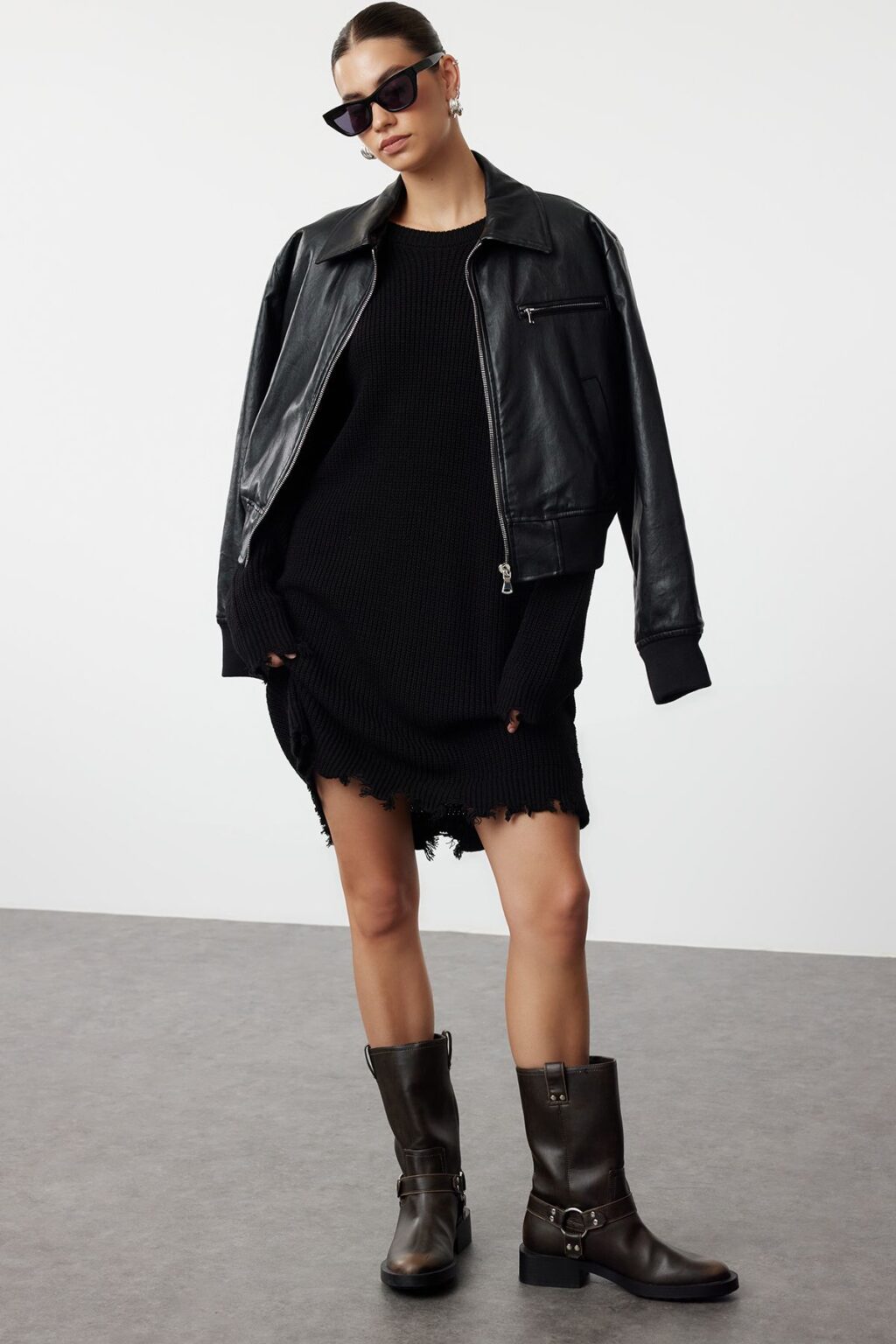 Trendyol Black Mini Knit Wide Pattern Plain Dress with Draping Detail
