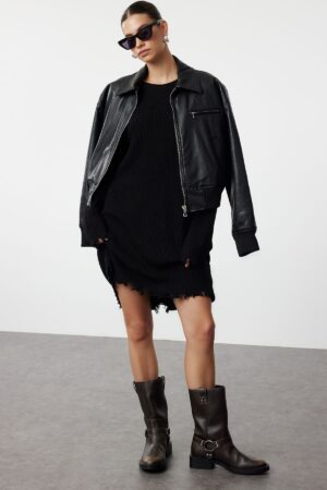 Trendyol Black Mini Knit Wide Pattern Plain Dress with Draping Detail
