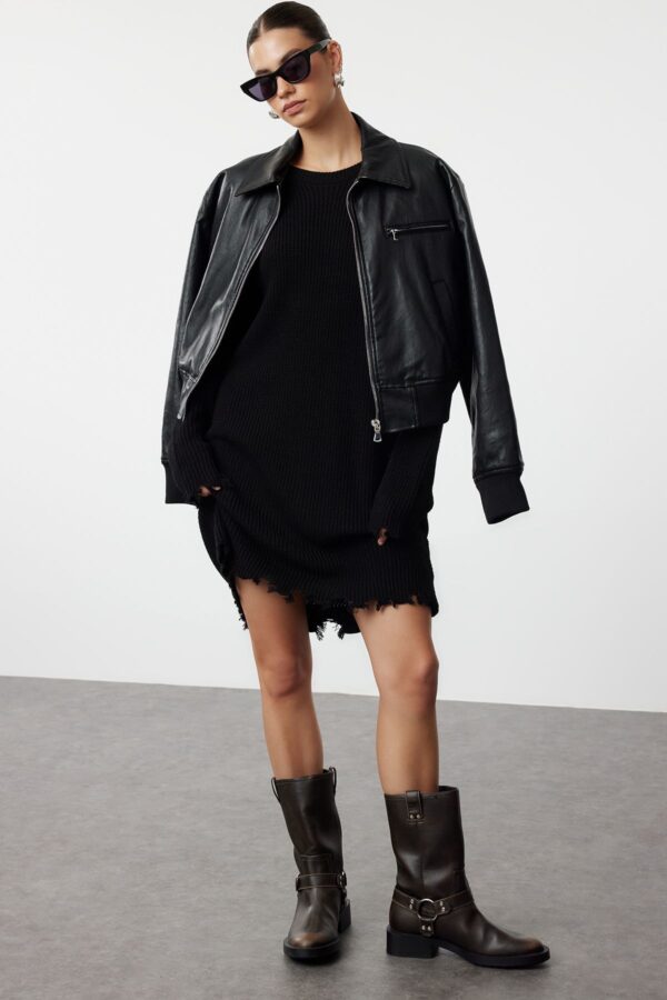 Trendyol Black Mini Knit Wide Pattern Plain Dress with Draping Detail