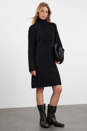 Trendyol Black Mini kötöttáru magas nyakú ruha