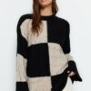 Trendyol Black Openwork/Perforated Color Block Knit Knitwear Sweater