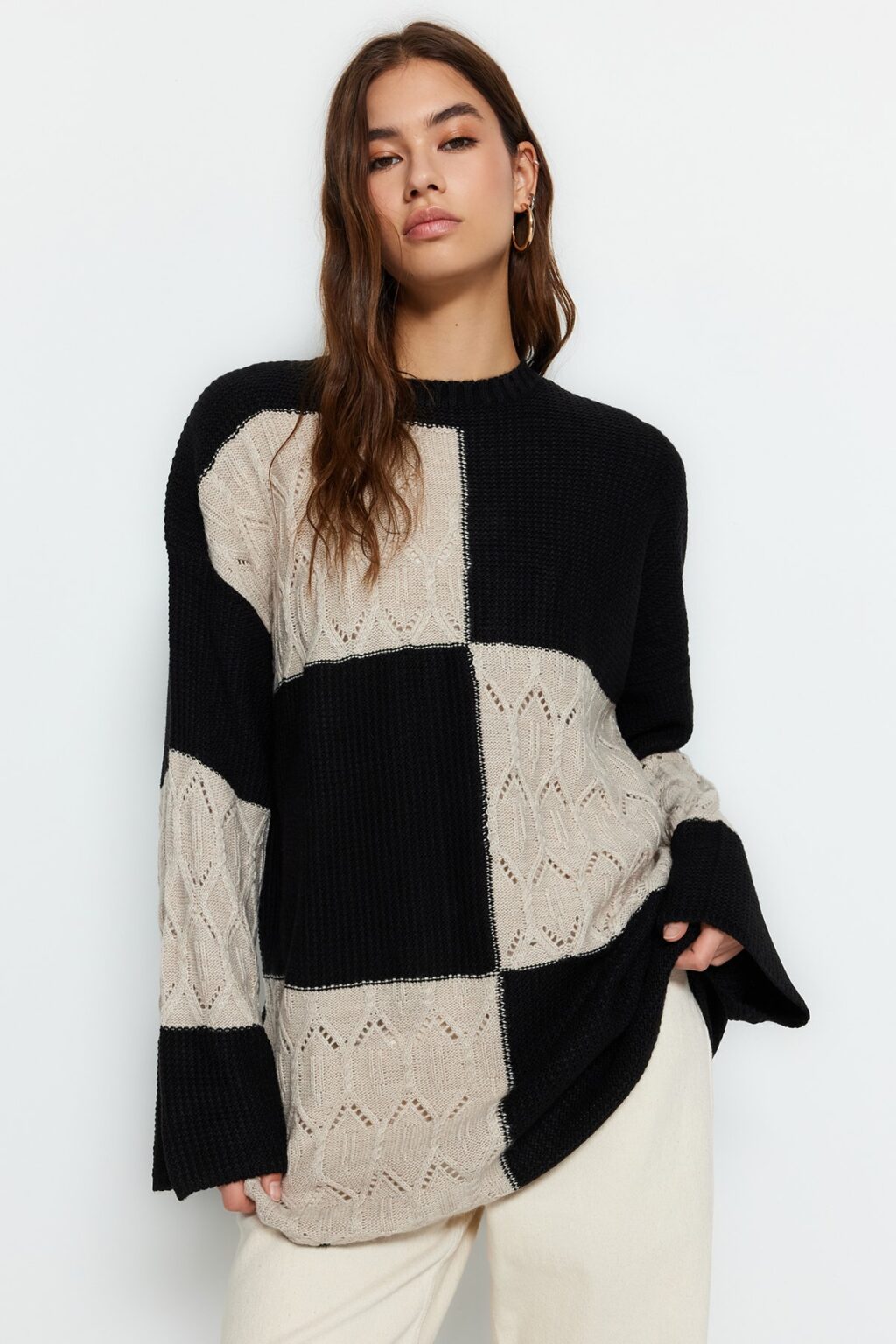 Trendyol Black Openwork/Perforated Color Block Knit Knitwear Sweater