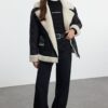Trendyol Black Oversize Belted Quilted and Plush Detailed Faux Leather Biker Jacket Coat