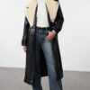 Trendyol Black Oversize Plush Collar Detailed Faux Leather Trench Coat