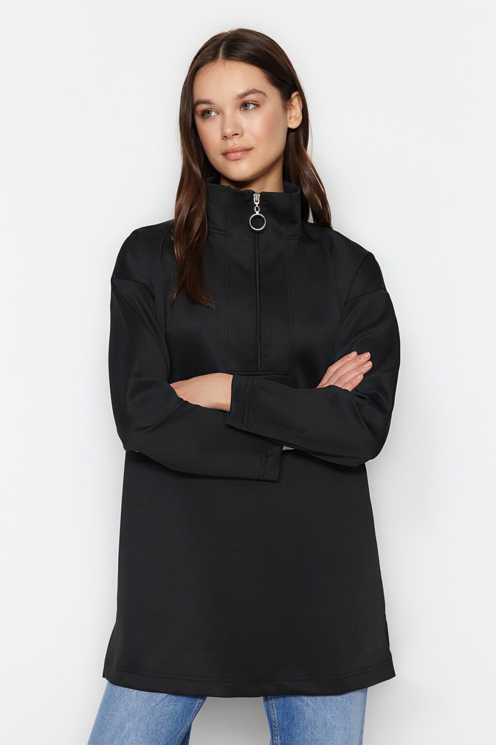 Trendyol Black Oversize Zipper Detailed Diver/Scuba Knitted Sweatshirt