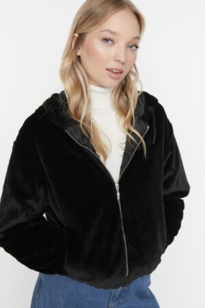 Trendyol Black Oversize kapucnis plüss kabát