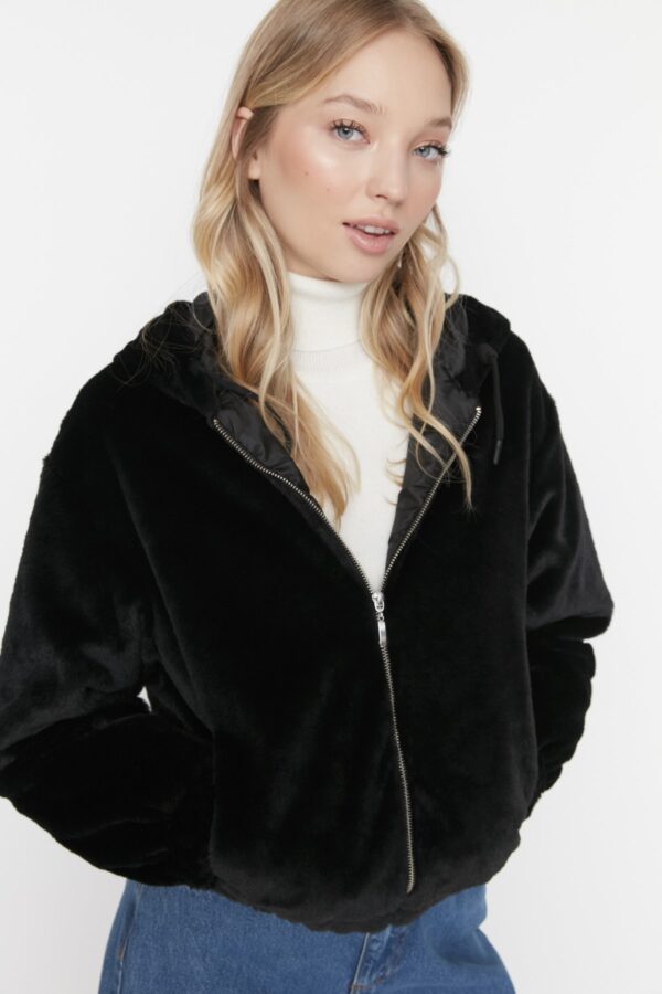Trendyol Black Oversize kapucnis plüss kabát