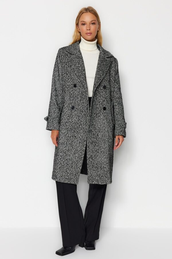 Trendyol Black Oversize széles szabású halszálkás hosszú bélyegzett kabát