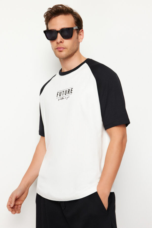Trendyol Black Oversize/Wide Cut Color Block Printed 100% Cotton T-Shirt