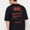 Trendyol Black Oversize/Wide Cut Short Sleeve Far East mintás 100% pamut póló