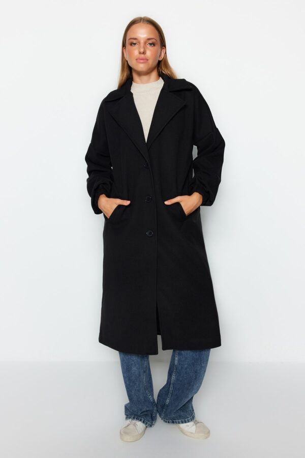 Trendyol Black Oversized Wide Cut Balloon Sleeve részletesen kidolgozott hosszú bélyegzett kabát