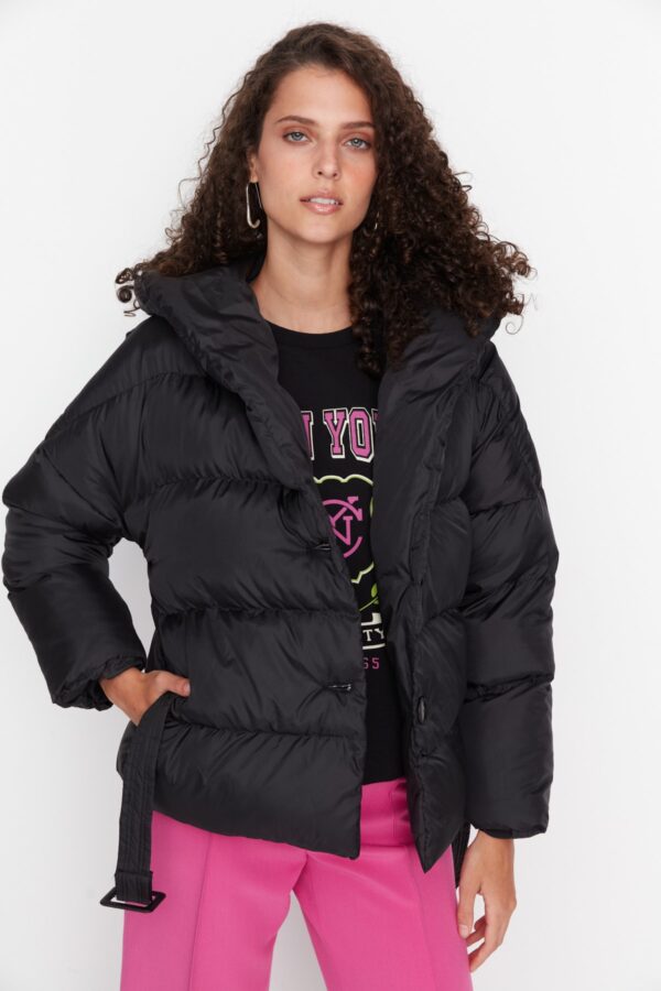 Trendyol Black Oversized öves puffadt kapucnis kabát