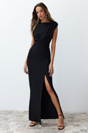 Trendyol Black Padded Woven Long Elegant Evening Dress