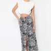 Trendyol Black Patterned Front Slit Detailed Midi Length Woven Linen Look Skirt