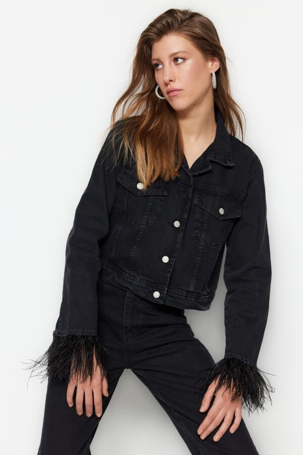 Trendyol Black Pile Trucker crop farmer dzseki