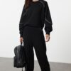 Trendyol Black Piping Detailed Overisize/Wide Fit Scuba/Diver Fabric Knitted Tracksuit Set