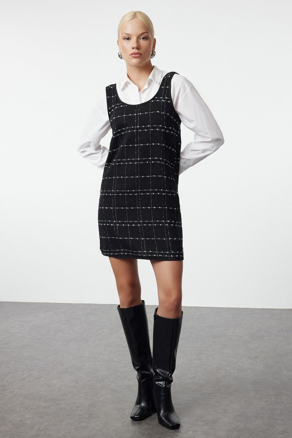 Trendyol Black Plaid / Checkered Mini Tweed Vest Woven Dress
