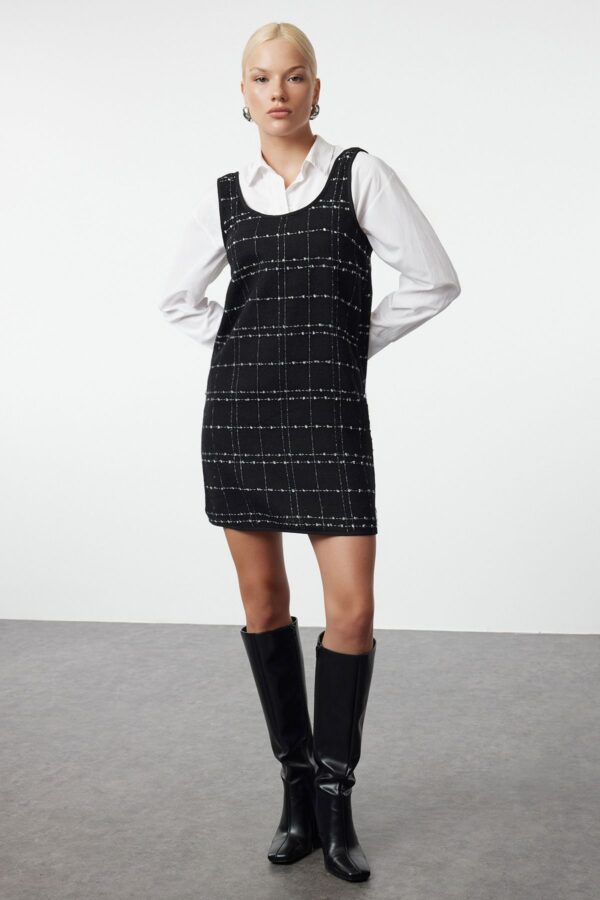 Trendyol Black Plaid / Checkered Mini Tweed Vest Woven Dress
