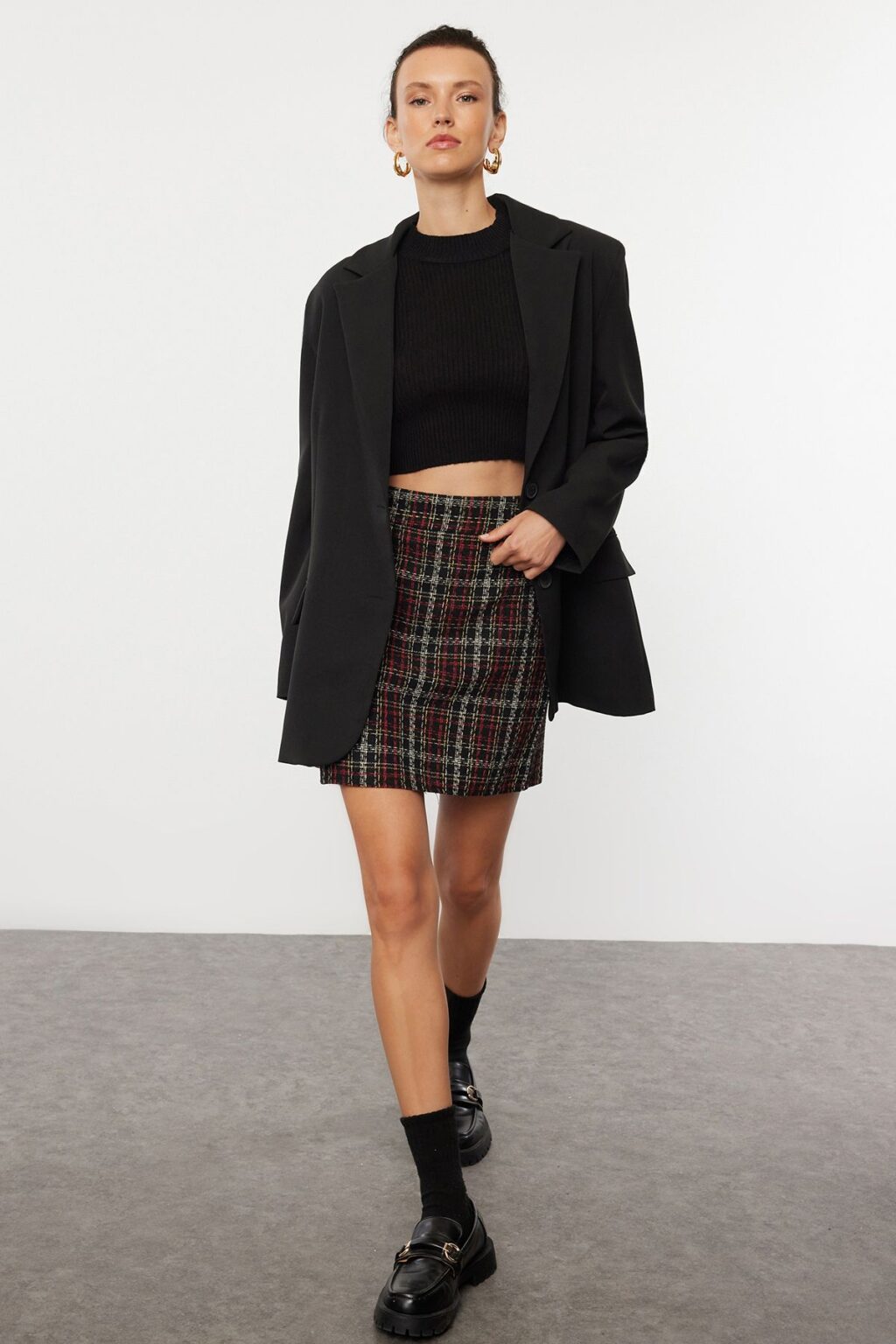 Trendyol Black Plaid Patterned Tweed Fabric Mini Woven Skirt
