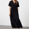 Trendyol Black Plain Maxi Double Breasted Skirt Ruffle Textured Short Sleeve Flexible Knitted Maxi Dress Knit Dress