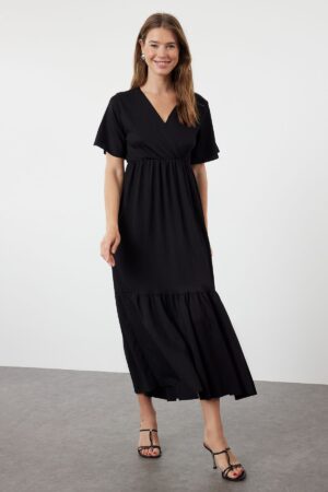 Trendyol Black Plain Maxi Double Breasted Skirt Ruffle Textured Short Sleeve Flexible Knitted Maxi Dress Knit Dress