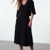Trendyol Black Plain Maxi V Neck Cape Stretchy Midi Knit Dress