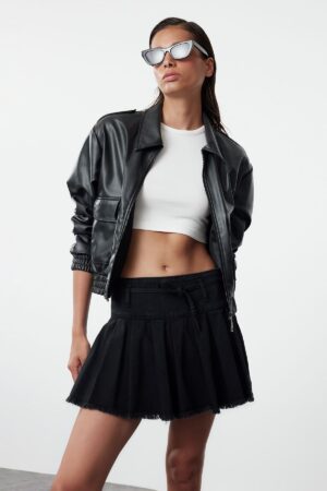 Trendyol Black Pleated Tied Mini Denim Shorts Skirt