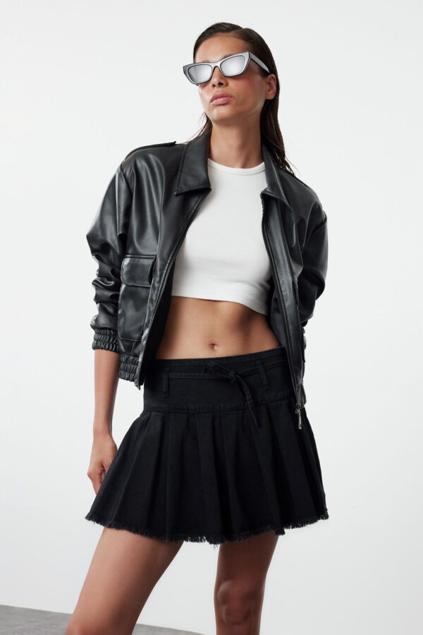 Trendyol Black Pleated Tied Mini Denim Shorts Skirt