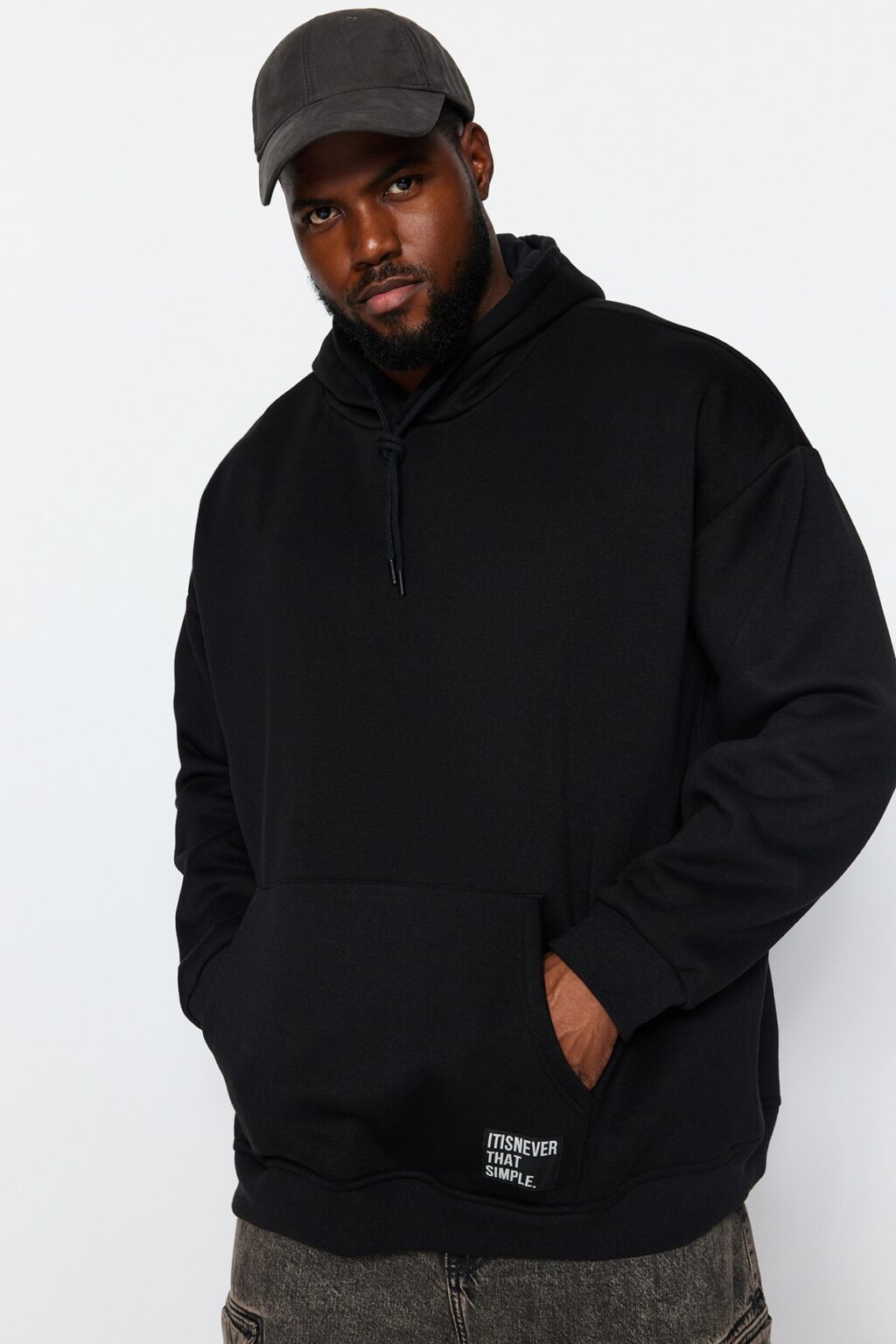 Trendyol Black Plus Size Oversize Hooded with Label Inside Fleece/Warm Sweatshirt