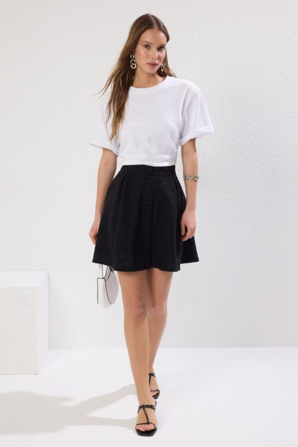 Trendyol Black Pocket Detailed Front Buttoned Flared Tweed Fabric Mini Length Woven Skirt