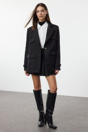 Trendyol Black Pocket Detailed Wool Look Oversize Woven Blazer Jacket