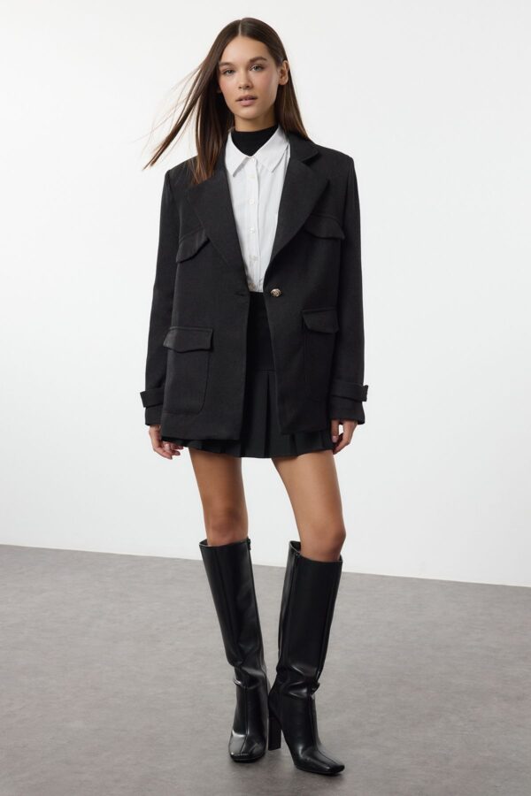 Trendyol Black Pocket Detailed Wool Look Oversize Woven Blazer Jacket