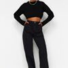 Trendyol Black Pocket részletesen kidolgozott magas derékú széles szárú farmer