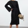 Trendyol Black Premium Pleated Fabric Flare Sleeve Detailed A-Line Midi Knitted Dress