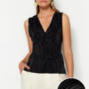Trendyol Black Premium Pleated V Neck Regular Pattern Knitted Blouse