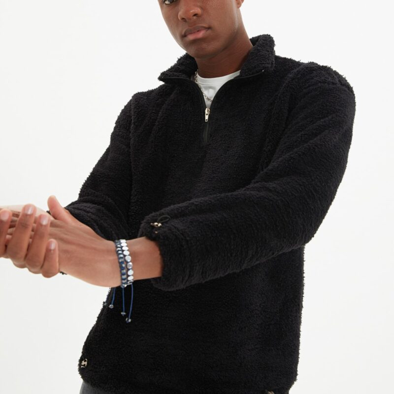 Trendyol Black Regular Cut Warm Plush Sweatshirt with Zipper and Stopper