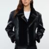 Trendyol Black Regular Fit Plush Detailed Faux Leather Biker Jacket Coat