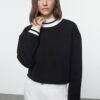 Trendyol Black Relaxed/Comfortable Pattern Knitwear Collared Polar Fleece Inside/Thick Knitted Sweatshirt