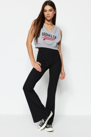Trendyol Black Ribbed Flare / Flare Leg High Derék