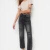 Trendyol Black Ripped High Derékig Egyenes farmer