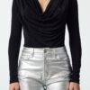 Trendyol Black Ruffle Collar Glitter Knitted Bodysuit